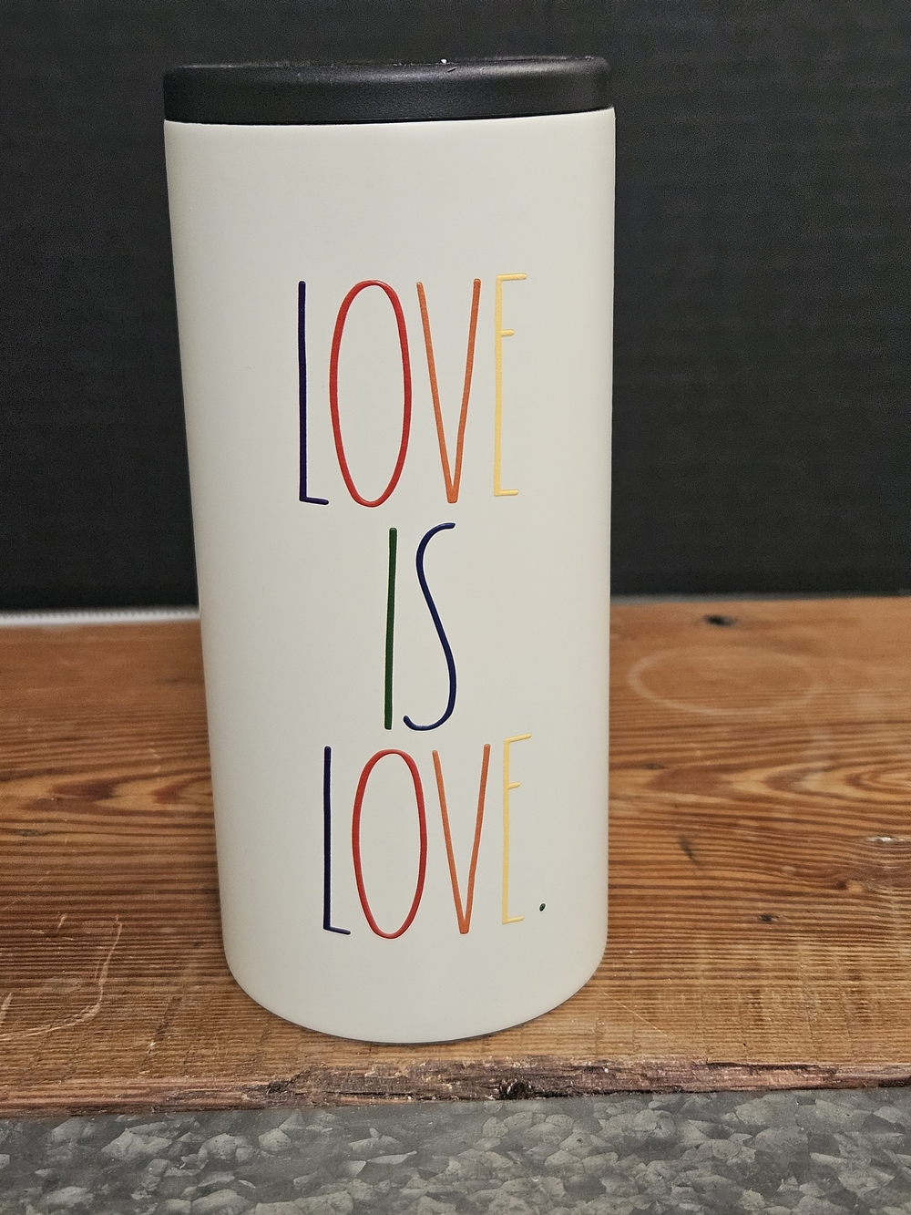 Rae Dunn Cream Insulator For Skinny Cans with Rainbow "Love Is Love" Text